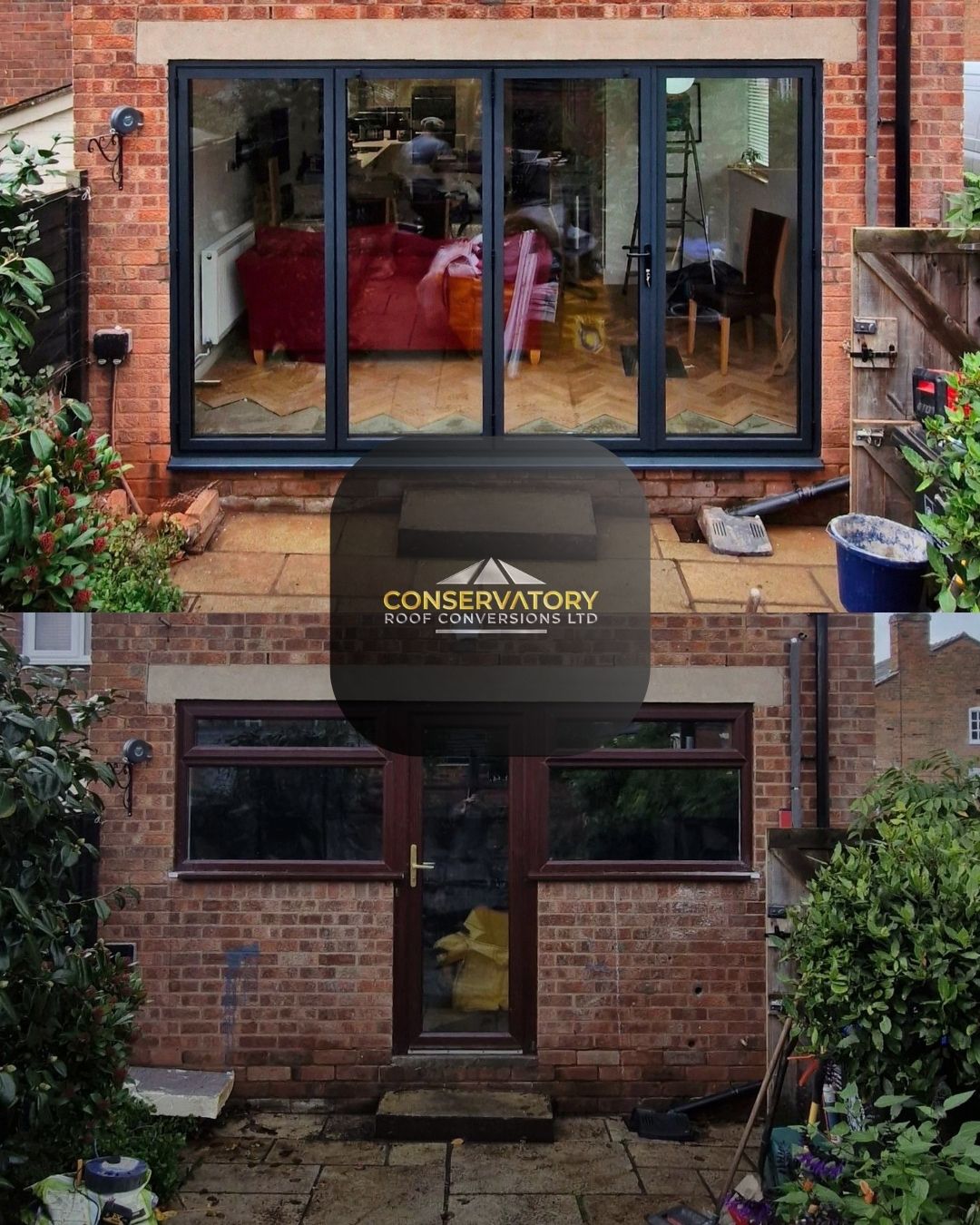 Our Logo Overlaid On An Example of Aluminium Bi-folding Doors